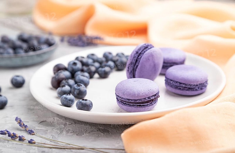 Purple macarons or macaroons cakes with blueberries on white ceramic plate on a gray concrete background and orange textile. Side view, close up, selective focus