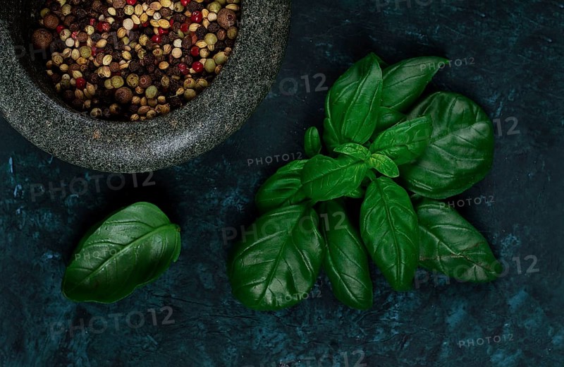 Mix of peppercorns, in a mortar for spices, oregano leaves, concept, on a dark green background, top view