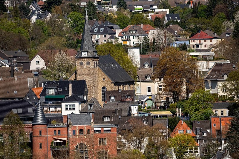 The old town centre of Essen-Kettwig, in the south of the city, with the market church, turbine house of the former Scheidt cloth factory, Essen, Germany, Europe