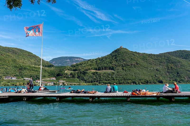 Gretl am See lido on Lake Kaltern, near the village of Kaltern, in the Adige Valley in South Tyrol, one of the two warmest lakes in the Alps, bathing lake, surrounded by vineyards and apple orchards, Italy, Europe