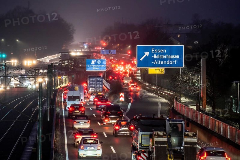 Traffic jam on the A40 motorway, Ruhrschnellweg, in Essen, North Rhine-Westphalia, Germany, Europe
