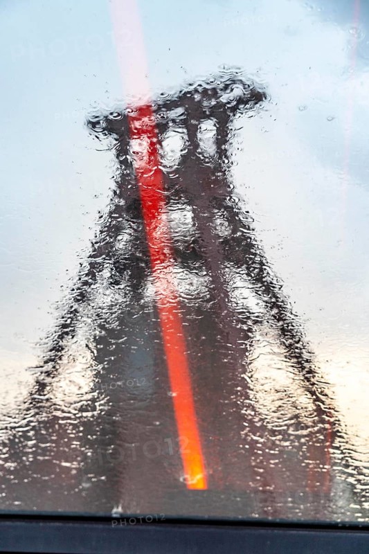 Zeche Zollverein, rainy day, ride on the escalator of the Ruhr Museum, in the coal washing plant, view of the double headframe of shaft XII, through rain-soaked windows, Essen, North Rhine-Westphalia, Germany, Europe