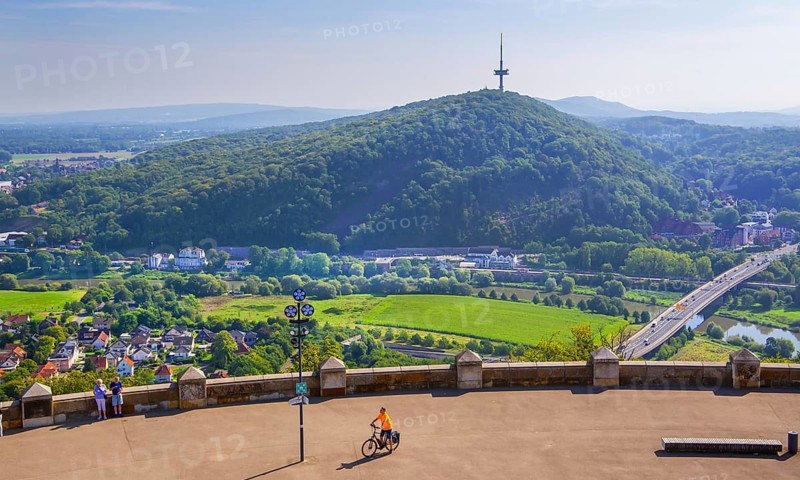 Terrace at the Kaiser Wilhelm Monument with a view of the Weser Valley, Porta Westfalica, Weser, Weserbergland, North Rhine-Westphalia, Germany, Europe