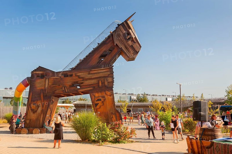 Trojan horse, accessible for children, during Cavalluna summer camp, at SHOWPALAST MÜNCHEN, the stage for shows with horsemanship, artistry, dance and music. Munich, Bavaria