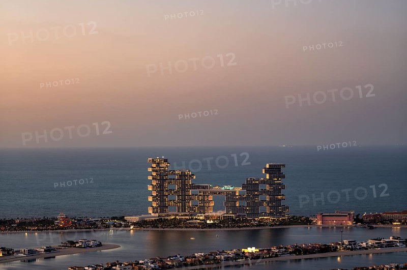 View from The View At the Palm viewing platform onto Hotel Atlantis The Royal, Palm Jumeirah, evening light, Golden Hour, Dubai, United Arab Emirates, VAR, Asia