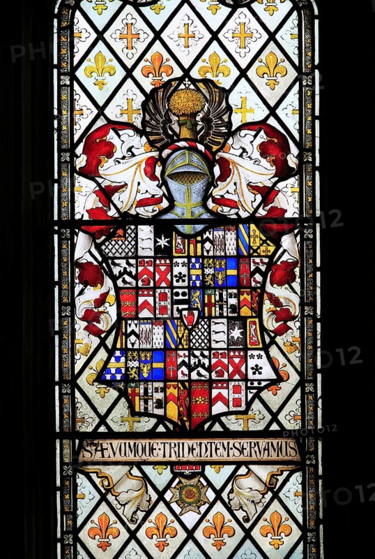 Heraldic stained glass window Church of Saint Mary, Coddenham, Suffolk, England, UK