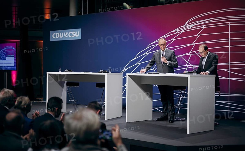 Friedrich Merz, Chairman of the CDU/CSU parliamentary group in the German Bundestag and Alexander Dobrindt, First Deputy Chairman of the CDU/CSU parliamentary group in the German Bundestag recorded at the event, Wir hören zu | Gipfel der CDU/CSU-Fraktion I Wirtschaftswende für Deutschland at the German Bundestag in Berlin, 1 February 2024