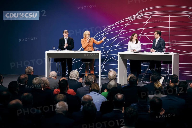 Julia Klöckner, Federal Treasurer of the CDU and Stefan Kooths, German economist, recorded at the event, Wir hören zu | Gipfel der CDU/CSU-Fraktion I Wirtschaftswende für Deutschland at the German Bundestag in Berlin, 1 February 2024