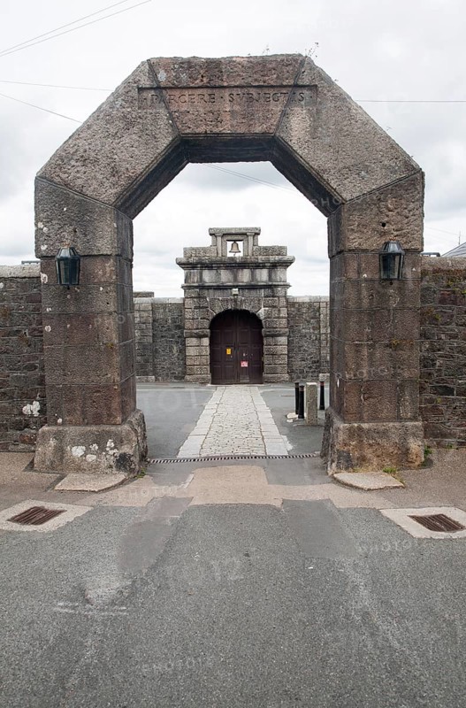 Entrance arches and doorway to Dartmoor prison, Princetown, Devon, England, UK