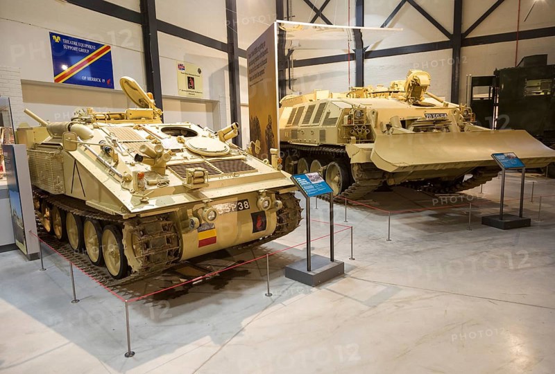 Samson Combat Vehicle Reconnaissance tracked (CVR (T), Challenger Armoured Repair and Recovery (CRARRV) vehicles, REME museum, MOD Lyneham, Wiltshire, England, UK