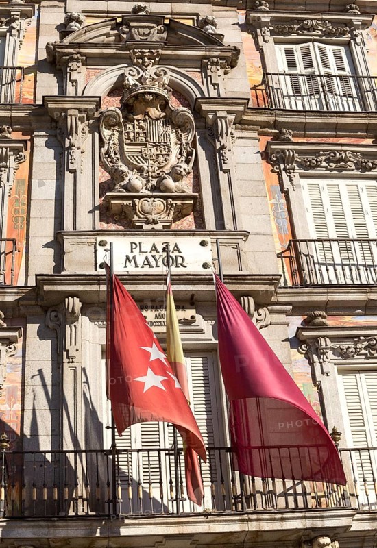 Plaza Mayor, Madrid, Spain designed 1619 Juan Gomez de Mora central square tourist attraction in the heart of the city