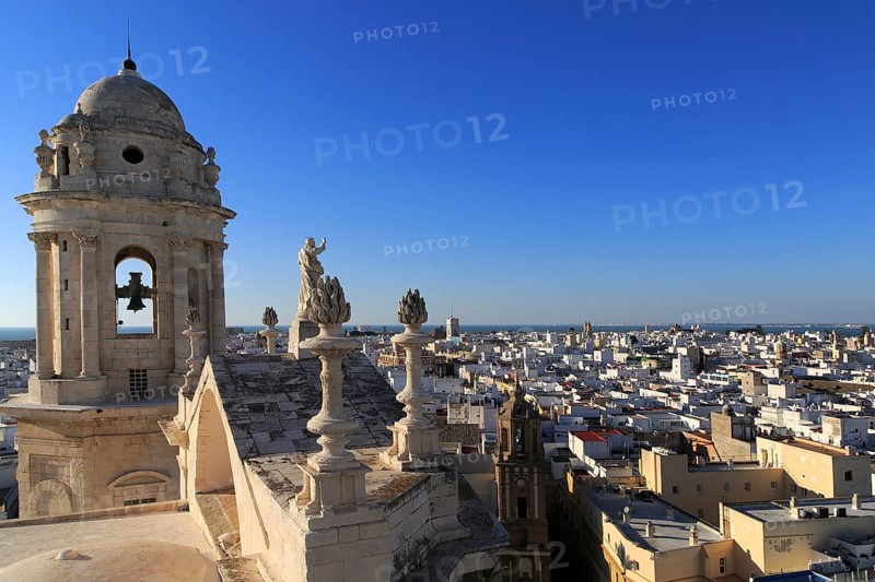 Rooftops of buildings in Barrio de la Vina, looking west from cathedral roof, Cadiz, Spain, Europe