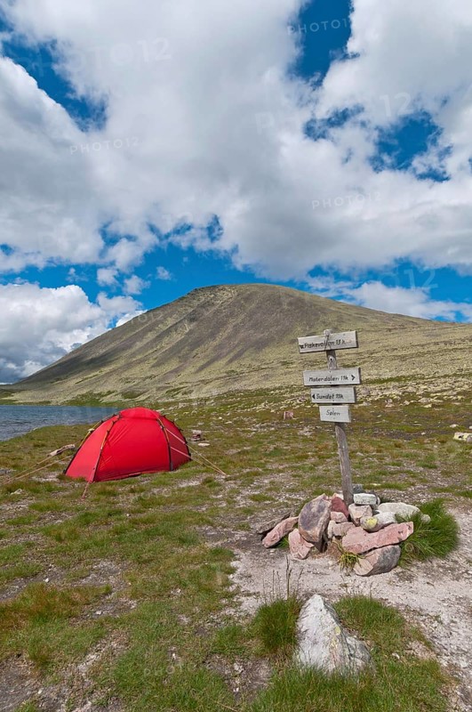 Bivouac at a mountain lake in Norway, Norway, Europe