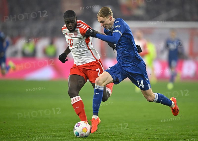 Dayot Upamecano FC Bayern Munich FCB (02) v Maximilian Beier TSG 1899 Hoffenheim (14) Allianz Arena, Munich, Bavaria, Germany, Europe