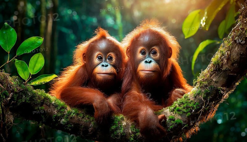 Two cute little orangutan babies in the dark rainforest look curious, portrait, AI generated, AI generated