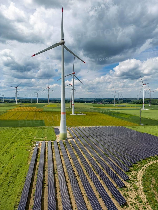 Wind farm near Marsberg, photovoltaic system, utilisation of land for renewable energies, Hochsauerlandkreis, North Rhine-Westphalia, Germany, Europe