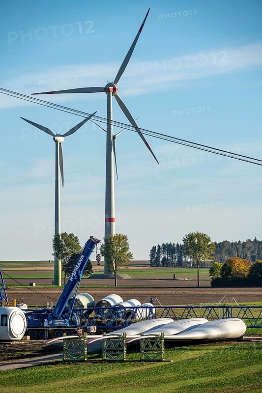 Wind farm near Bad Wünnenberg, construction site, storage area for a new wind turbine, components of the mast, the nacelle and the rotors are ready for assembly, North Rhine-Westphalia, Germany, Europe