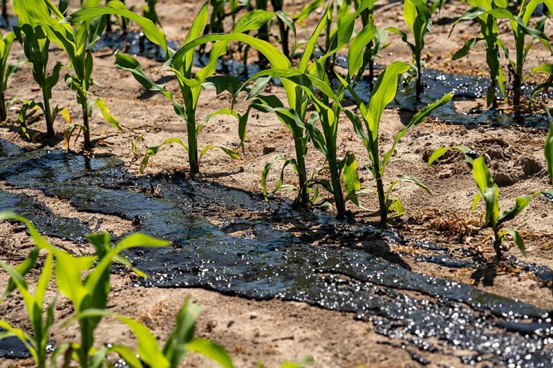 A maize field, with young plants, is fertilised with liquid manure, near Geldern, North Rhine-Westphalia, Germany, Europe