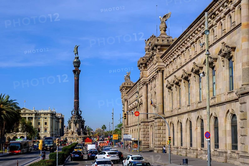 At the harbour, customs building, Duana de Barcelona, behind Columbus Column, Barcelona, Catalonia, Spain, Europe