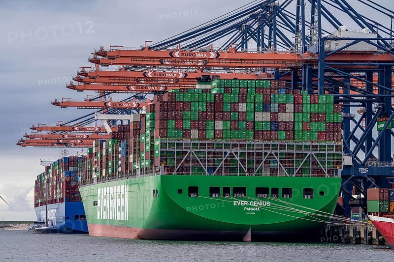 Euromax Container Terminal, container freighter Cosco Shipping Universe, behind and Ever Genius, Evergreen shipping company, being loaded and unloaded, seaport of Rotterdam, deep-sea harbour Maasvlakte 2, on an artificial land area, Netherlands