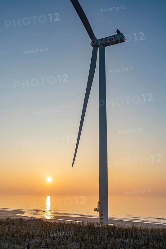 ENECO wind farm on the dike around the harbour Maasvlakte 2, 22 wind turbines with a capacity of 116 megawatts, sunset, Rotterdam, Netherlands