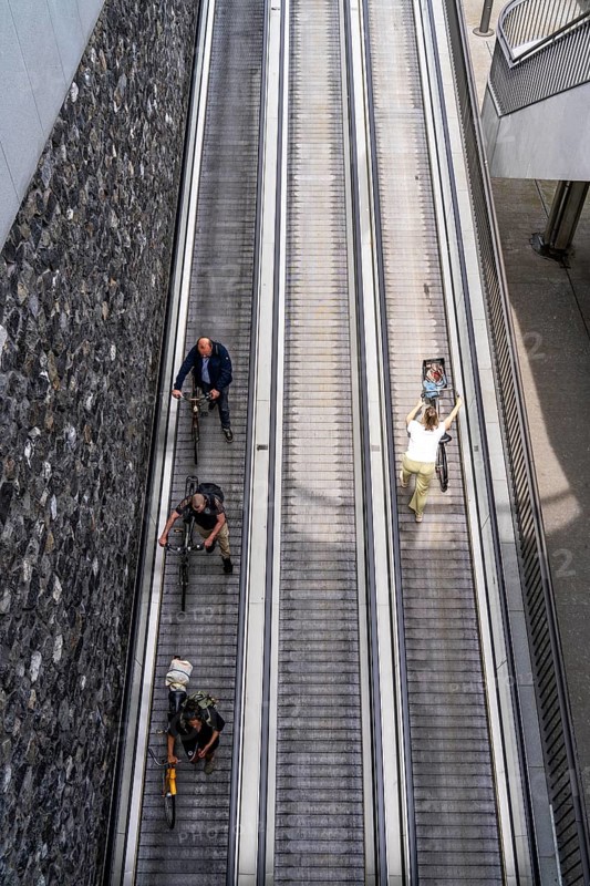 New bicycle car park at Amsterdam Central Station, Stationsplein, space for around 7000 bicycles, largest in Amsterdam, digitally monitored, underground, direct connection to the station and metro, Netherlands, escalators lead to the bicycle garage, Netherlands