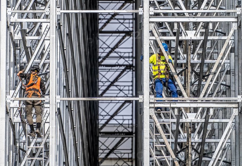 Construction of a high-bay warehouse, storage system for high space utilisation, in steel construction, North Rhine-Westphalia, Germany, Europe
