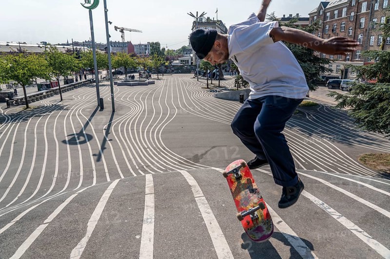 The Nørrebro district in Copenhagen, lively, multicultural and student neighbourhood, Superkilen Park, Den Sorte Plads, square designed with white lines, playgrounds, cultural facilities, sports equipment, cycle path, Denmark, Europe
