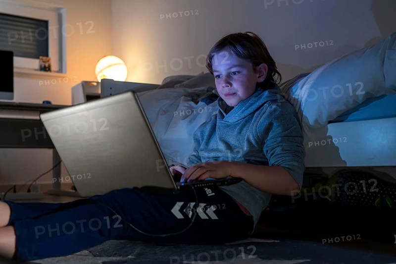 Boy, at home on the computer, laptop, in the children's room, playing a game