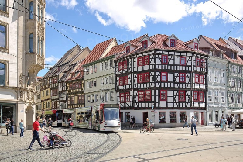 Half-timbered houses with tram and people with prams, rails, Marktstraße, Domplatz, Erfurt, Thuringia, Germany, Europe