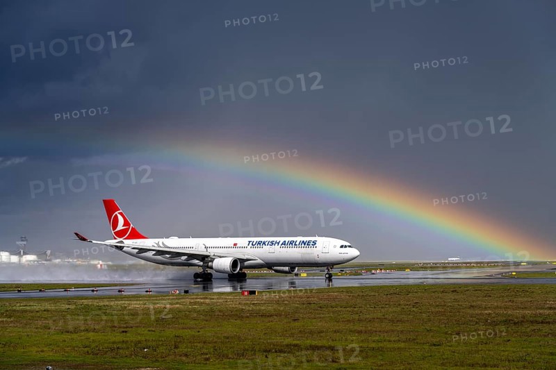 Turkish Airlines Airbus A330-303, TC-JOJ, on the west runway, rainbow, Frankfurt am Main Airport, FRA, Hesse, Germany, Europe