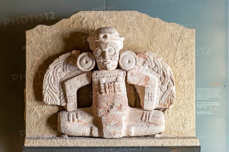 Carved stone sculpture of sun deity K'inich Ajaw, from Chunhuhub, museum of Mayan Archaeology, Campeche city, Mexico, Central America