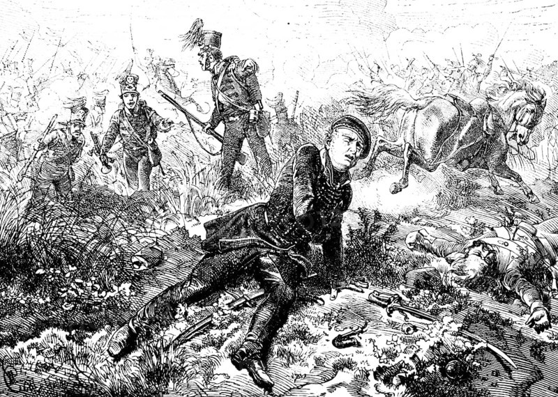 Battle of Quatre-Bras 1815, death of the Duke of Brunswick, battle, Prussian army, chaos, dying, soldiers, horse, guns, weapons, Wallonia, Belgium, historical illustration 1882, Europe