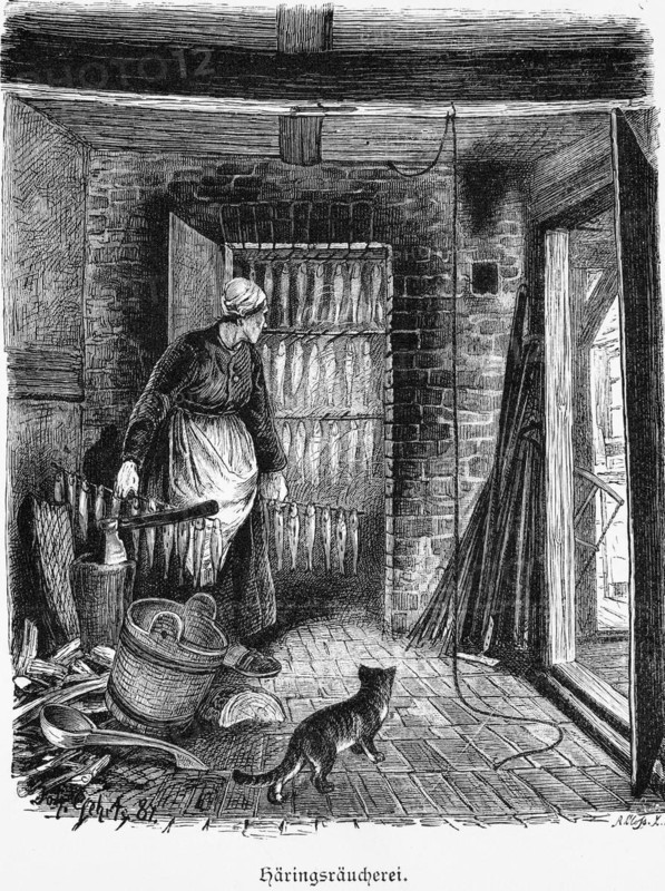 Herring smokehouse on Rügen, Baltic Sea, Mecklenburg-Western Pomerania, Germany, herring, smokehouse, fish processing, interior, smokehouse, hatchet, basket, wooden spoon, cat, woman, historical illustration 1880, Europe