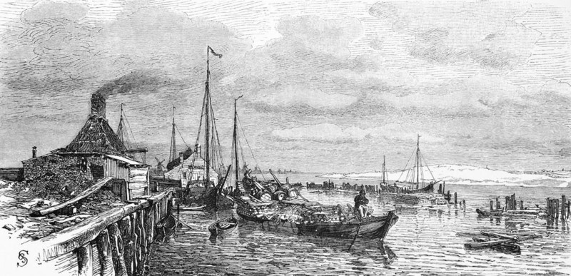 Harbour scene of Klaipeda or Memel, Baltic Sea, Lithuania, harbour scene, quay, building, ship traffic, jetty, historical illustration 1880, Europe