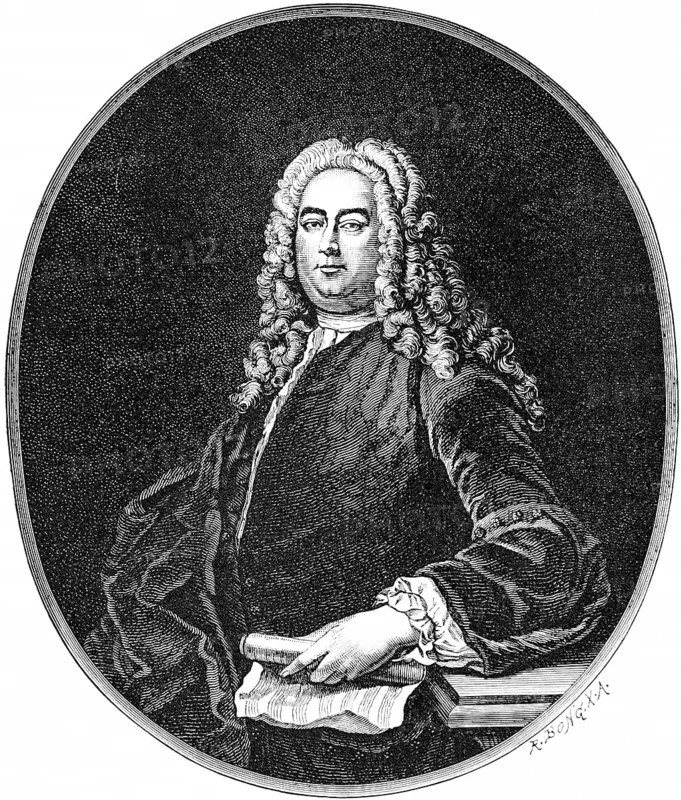 George Frideric Handel (1685-1759) with later English citizenship George Frideric Handel, portrait, important Baroque composer, opera and oratorios such as Messiah, gives organ concerts, sheet music, history of German music, historical illustration 1892