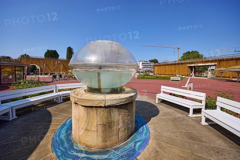 Ball of brine against a blue sky in front of the salt cave and brine grotto in Bad Salzuflen, Lippe district, North Rhine-Westphalia, Germany, Europe