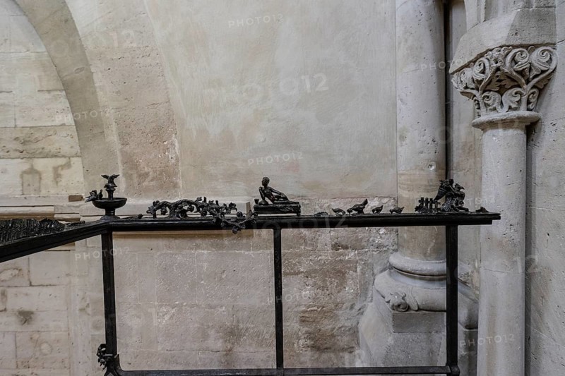 Metal figures on the banister leading to the gallery in Naumburg Cathedral, Saxony-Anhalt, Germany, Europe
