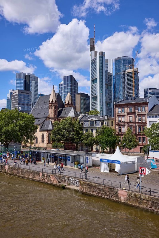 Main and skyscrapers with fan mile for the European Football Championship under a blue sky with cumulus clouds in Frankfurt am Main, district-free city, Hesse, Germany, Europe