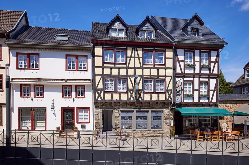 Historic half-timbered houses in the pedestrian zone of the old town centre of Bad Münstereifel, Eifel, Euskirchen district, North Rhine-Westphalia, Germany, Europe
