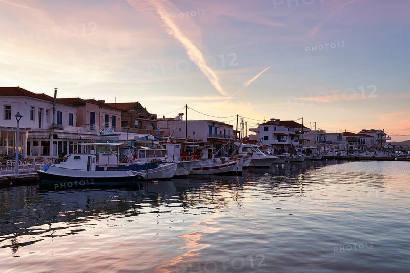 Fishing boats in the harbour, evening sky, Elafonisos, Deer Island, Laconia, Peloponnese, Ionian Islands, Ionian Sea, Greece, Europe