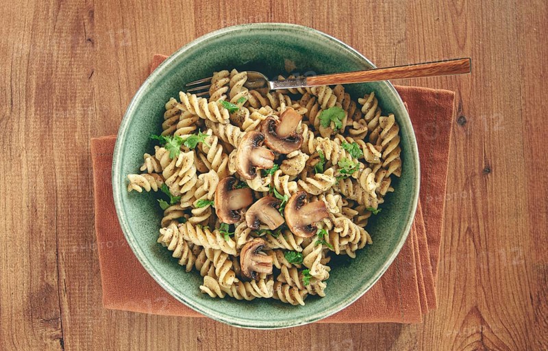 Fusilli pasta, in creamy mushroom sauce, pasta with mushrooms, homemade, no people