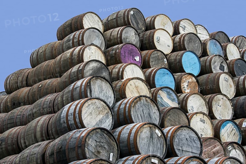 Huge stacks of discarded whisky casks, barrels at Speyside Cooperage, Craigellachie, Aberlour, Banffshire, Grampian, Scotland, UK