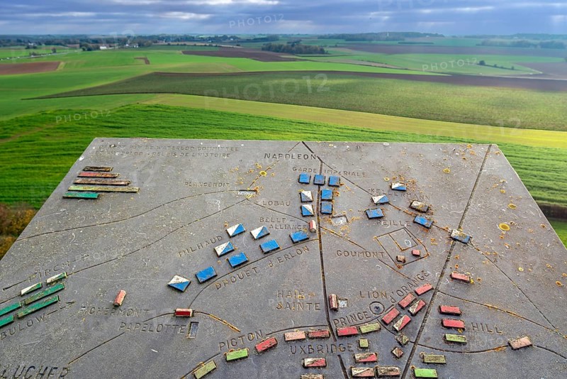 Map with troops' positions and view over 1815 Waterloo battlefield from top of the Lion's Mound at sunset in autumn, Braine-l'Alleud, Wallonia, Belgium, Europe