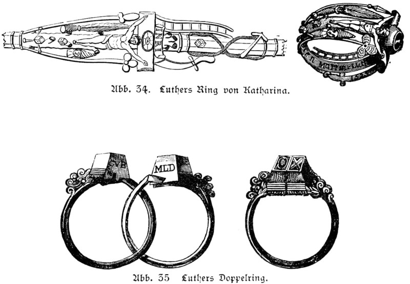 Luther's marriage to Katharina von Boren on 13 June 1525, Luther receives a ring with the image of Jesus' crucifixion and the instruments of torture, Luther gives Katharina a double ring with the letters M.L.D. and C.v.B., historical illustration 1883