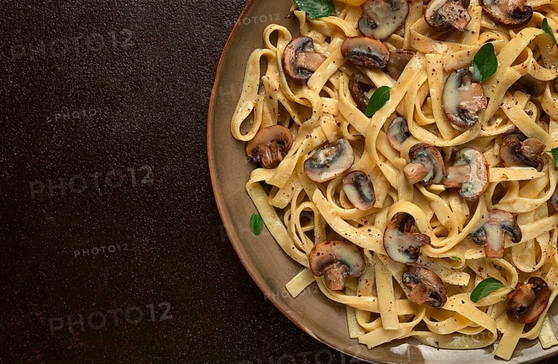 Fettuccine with champignons, basil, in cream sauce, homemade, no people
