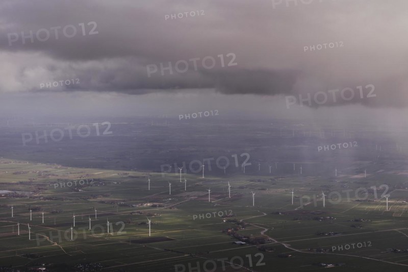 Aerial view of wind turbines, taken near Wischhafen, 25/03/2024