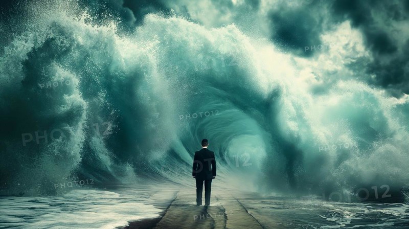 Disheartened businessman standing on the shore in the midst of approaching turbulent crashing waves. feeling of overwhelming demands and impending doom, generative AI, AI generated