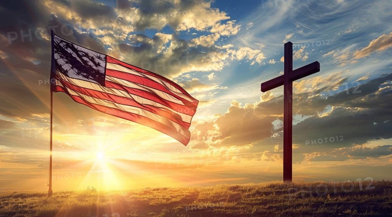 A cross is in the foreground of a sunset with an American flag in the background, AI generated