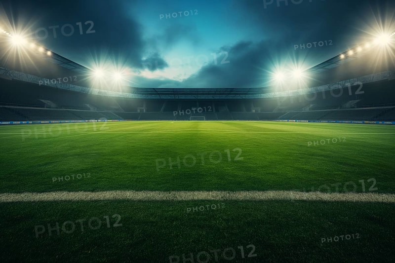 A soccer field with a large crowd of people spectators fans watching the game in evening view from field. The stadium is lit up with bright flood spotlights ready for a match game, AI generated